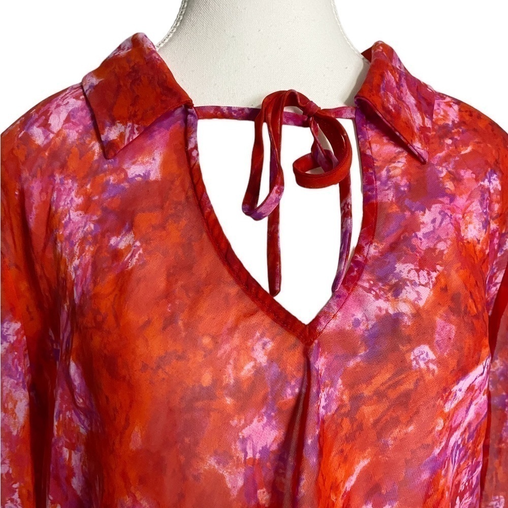 Venezia Jeans Red & Purple Abstract Semi Sheer Long Sleeve Blouse - Picture 3 of 11